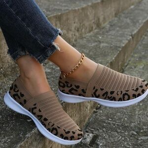 Leopard Print Knit Breathable Slip On Shoes- 38